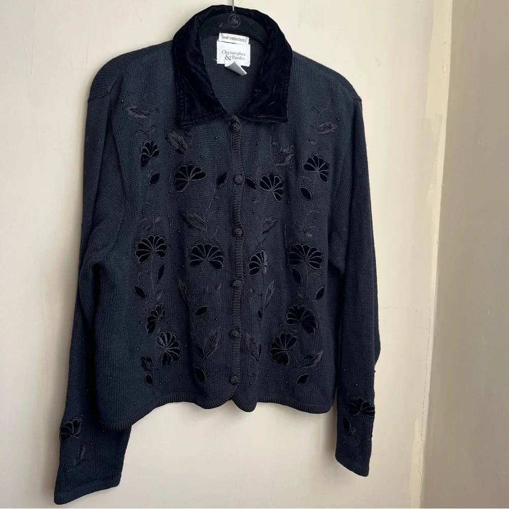 vintage velvet collar floral embroidered cardigan - Picture 2 of 12